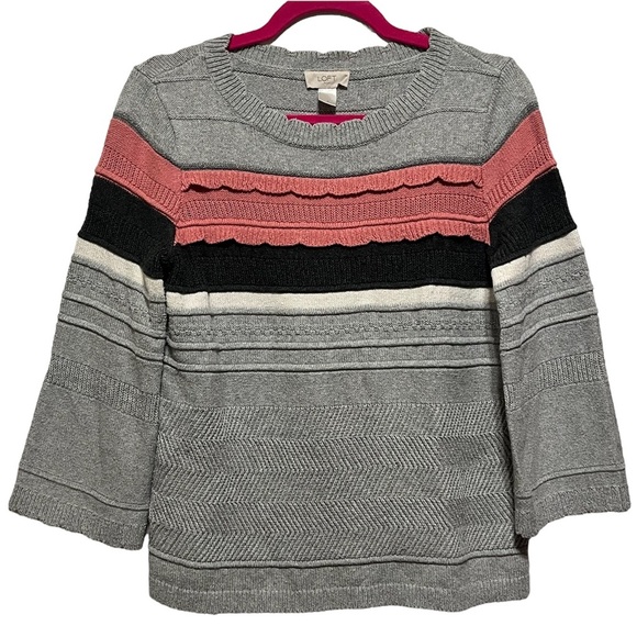 LOFT Scalloped Striped Sweater, Grey and Pink, Size Small - Picture 1 of 9